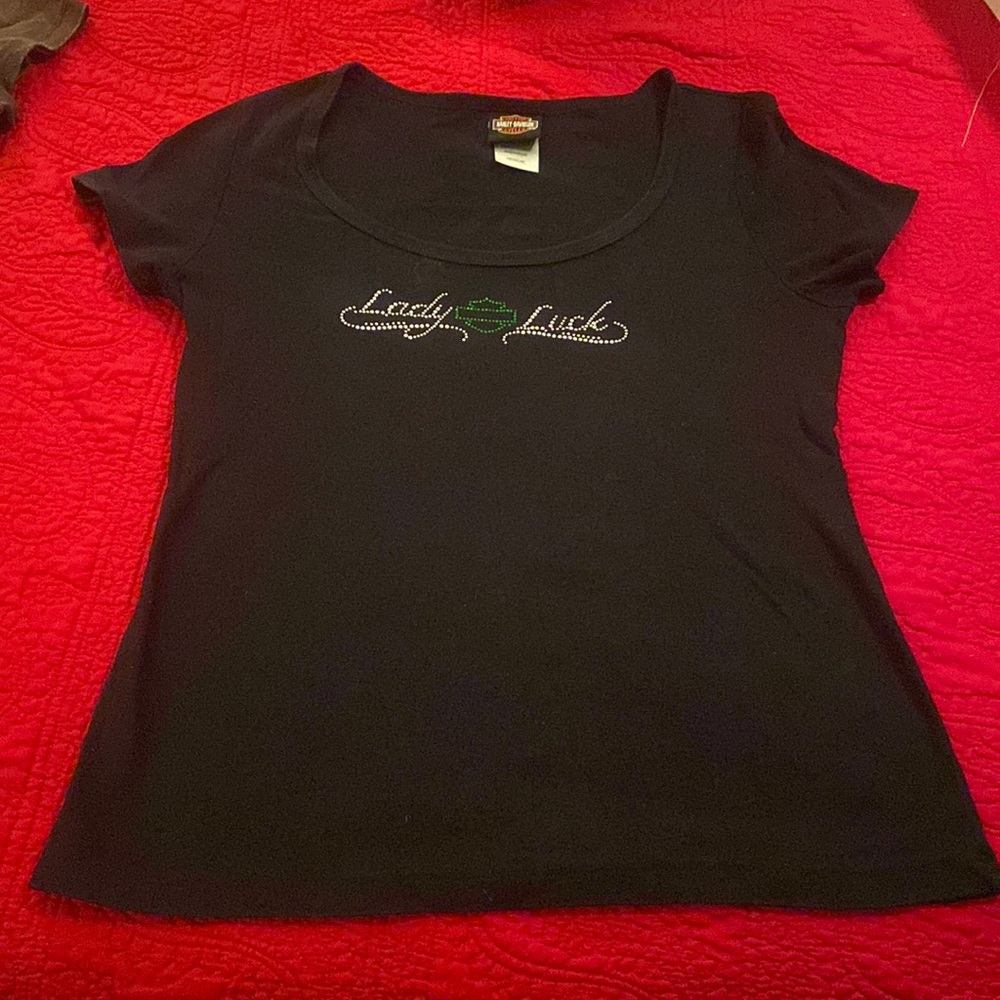 Women’s black cotton HD Harley Davidson medium St. Patty’s day Lady Luck shirt